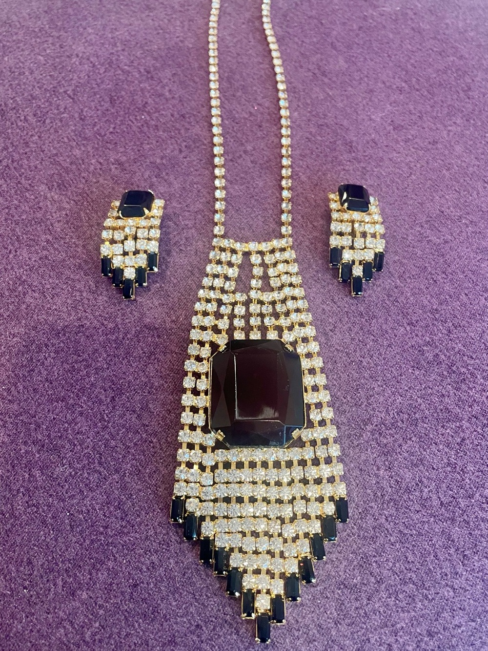 Elegant Gold-Tone Black & Clear Statement Necklace and Earring Set
